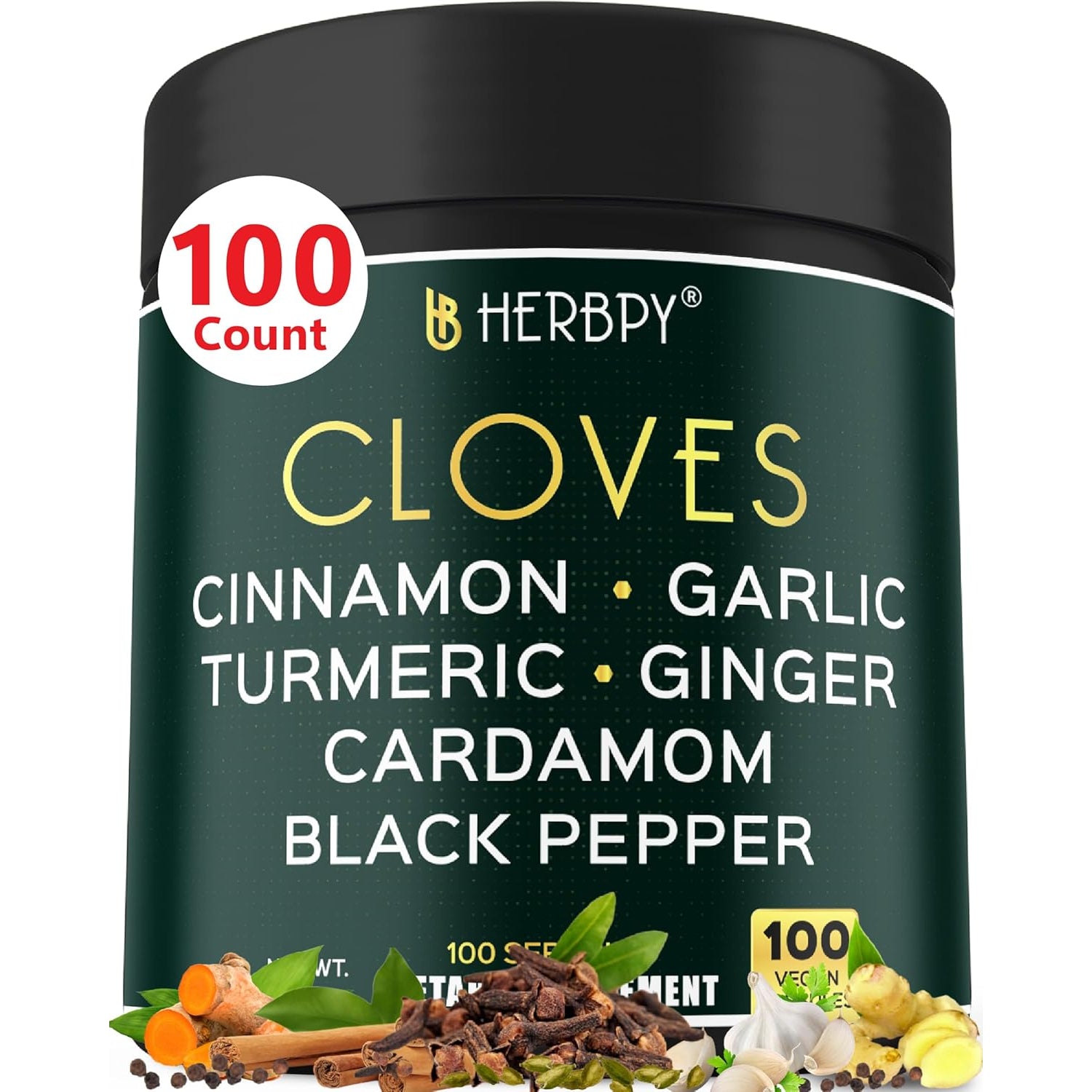 Herbpy 7In1 Clove Supplement 500Mg Rich in Vitamins & Minerals Supports Digestion, Immune & Heart Health with Cinnamon, Turmeric, Ginger, Cardamom, Garlic & Black Pepper - 100 Vegan Capsules