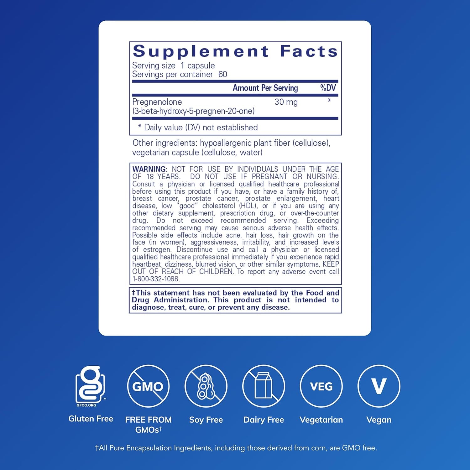 Pure Encapsulations Pregnenolone - 30 Mg - Hormone Support - Memory Support & Brain Supplement - Gluten Free & Vegan - 60 Capsules