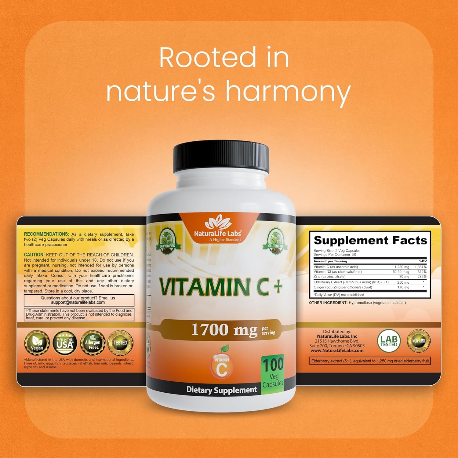Naturalife Labs Vitamin C with Vitamin D3, Zinc, Elderberry & Ginger Root – 1,700 Mg per Serving – 100 Capsules, Vegan, Non-Gmo, Gluten Free