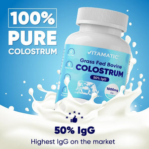 Vitamatic Bovine Colostrum Supplement 1000 Mg per Serving - 50% Highest Igg - Supplement for Gut Health, Hair Growth, Beauty, Muscle Recovery, & Immune Support - 120 Capsules