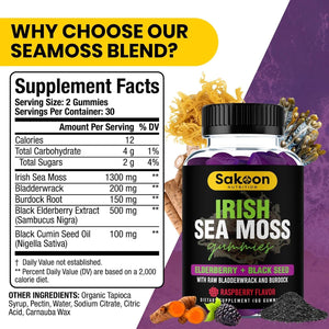 Sakoon Nutrition Irish Sea Moss Gummies with Elderberry & Black Seed Oil - Raspberry Flavor - 60 Gummies