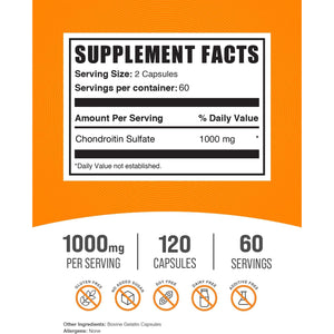 Bulksupplements.Com Chondroitin Sulfate Capsules - Nutritional Supplement, Chondroitin Sulfate 1000 Mg - Gluten Free, 2 Capsules per Serving, 120 Count (Pack of 1)