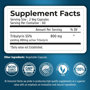 Tributyrin Supplement 800Mg, Advanced Butyrate Form, 55% Standardized, More Effective Delivery than Sodium Butyrate, 120 Capsules, Non-Gmo & Gluten Free Postbiotic Supplement