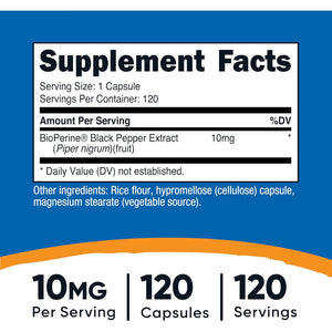 Nutricost Bioperine (Black Pepper Extract), 10Mg per Serving, 120 Capsules - Gluten-Free