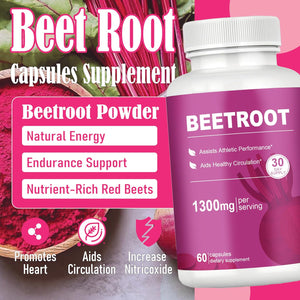 Beet Root Capsules – 1300Mg Beetroot Powder for Natural Energy & Endurance Support, Non-Gmo, 60 Capsules, 30-Day Supply (1Pc)