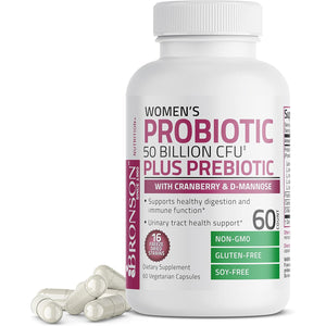 Bronson Women'S Probiotic 50 Billion CFU + Prebiotic with Cranberry & D-Mannose – Vaginal Health, Healthy Digestion, Immune Function and Urinary Tract Support, Non-Gmo, 60 Vegetarian Capsules