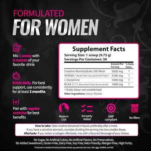 Bold Buns Creatine for Women – Supplement with Collagen & BCAA – Supports Muscle Development, Post-Workout Recovery, Skin Elasticity, Healthy Hair & Nail (30 Servings, Unflavored)