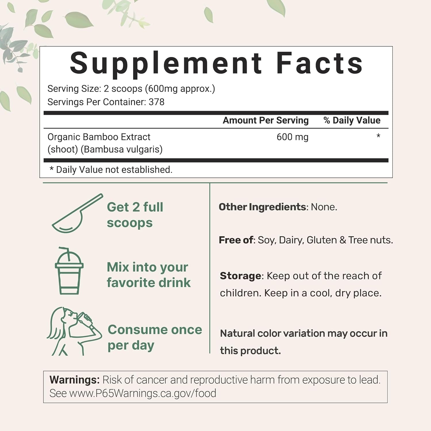 Micro Ingredients Organic Bamboo Extract Powder, 8Oz (378 Servings) | Bamboo Plant Silica & Mineral Supplements | Natural Stem & Leaf Extract | Non-Gmo, Gluten Free, Vegan Friendly