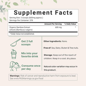 Micro Ingredients Organic Bamboo Extract Powder, 8Oz (378 Servings) | Bamboo Plant Silica & Mineral Supplements | Natural Stem & Leaf Extract | Non-Gmo, Gluten Free, Vegan Friendly