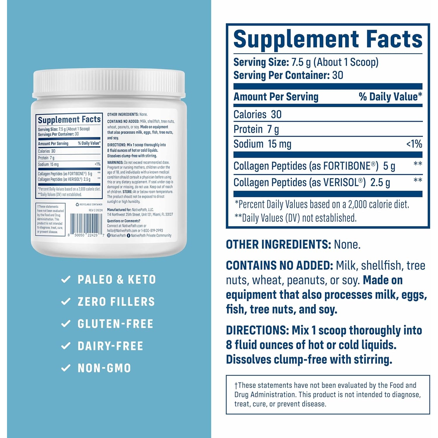 Nativepath Bone Health Collagen Peptides, Type 1 & 3, with Fortibone and Verisol, 7.9 Ounce, 30 Servings