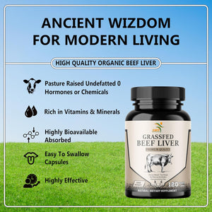 Grass Fed Desiccated Beef Liver Capsules (120 Pills, 480-500Mg Each) - Natural Iron, Vitamin A, B12 for Energy - Humanely Pasture Raised Undefatted without Hormones or Chemicals