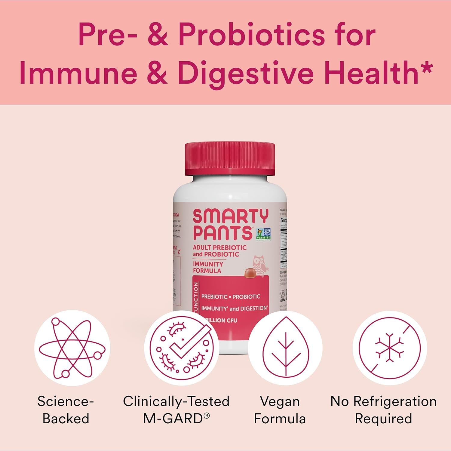 Smartypants Adult Probiotic & Prebiotic Gummies for Digestive Health: Gut Health Supplement, Clinically Studied Prebiotic for Immune Support, Strawberry, 60 Count (30 Day Supply)