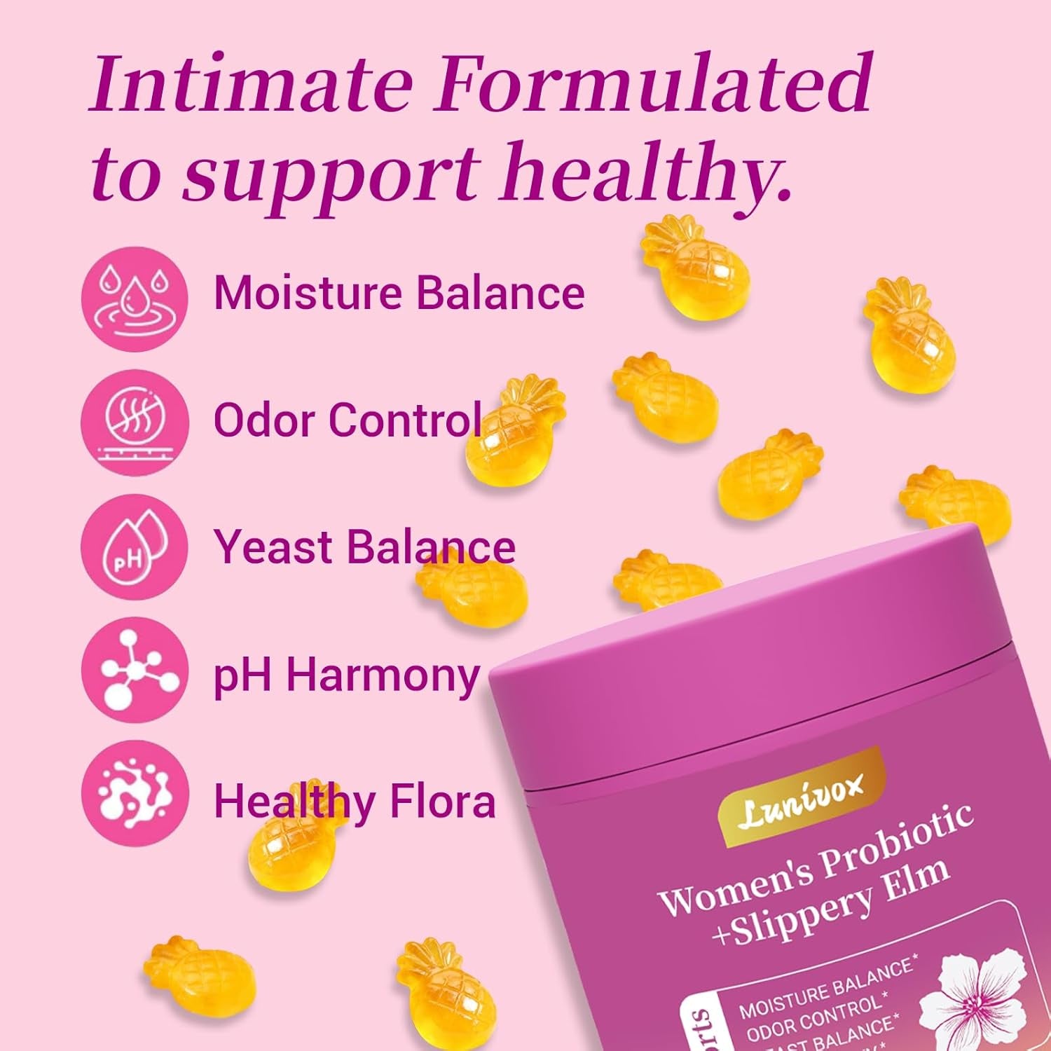 Her Juicy Feminine Probiotics Gummies for Women, with Prebiotics & Slippery Elm - Promotes Ph Balance, Gut Health & Immune Support - Pineapple Flavor, 60 Count