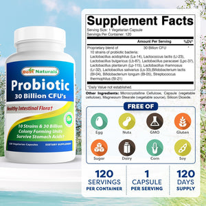 Best Naturals Probiotic 10 Strains & 30 Billion CFU Intestinal Flora, 120 Veggie Capsules - Shelf Stable Probiotic (4146365)