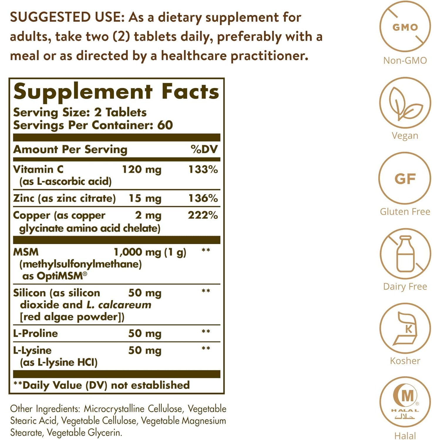 Solgar Skin, Nails & Hair, Advanced MSM Formula, 120 Tablets - Supports Collagen for Hair, Nail and Skin Health - Provides Zinc, Vitamin C & Copper - Non GMO, Vegan, Gluten & Dairy Free - 60 Servings