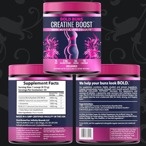 Bold Buns Creatine for Women – Supplement with Collagen & BCAA – Supports Muscle Development, Post-Workout Recovery, Skin Elasticity, Healthy Hair & Nail (30 Servings, Unflavored)