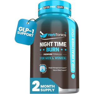 Herbtonics Night Time Burn & Sleep Complex Supports Overnight Metabolism, Stress Relief & Deep Sleep. Includes Melatonin, Valerian and Green Tea – Vegan Bedtime Weight Management (60 Capsules)