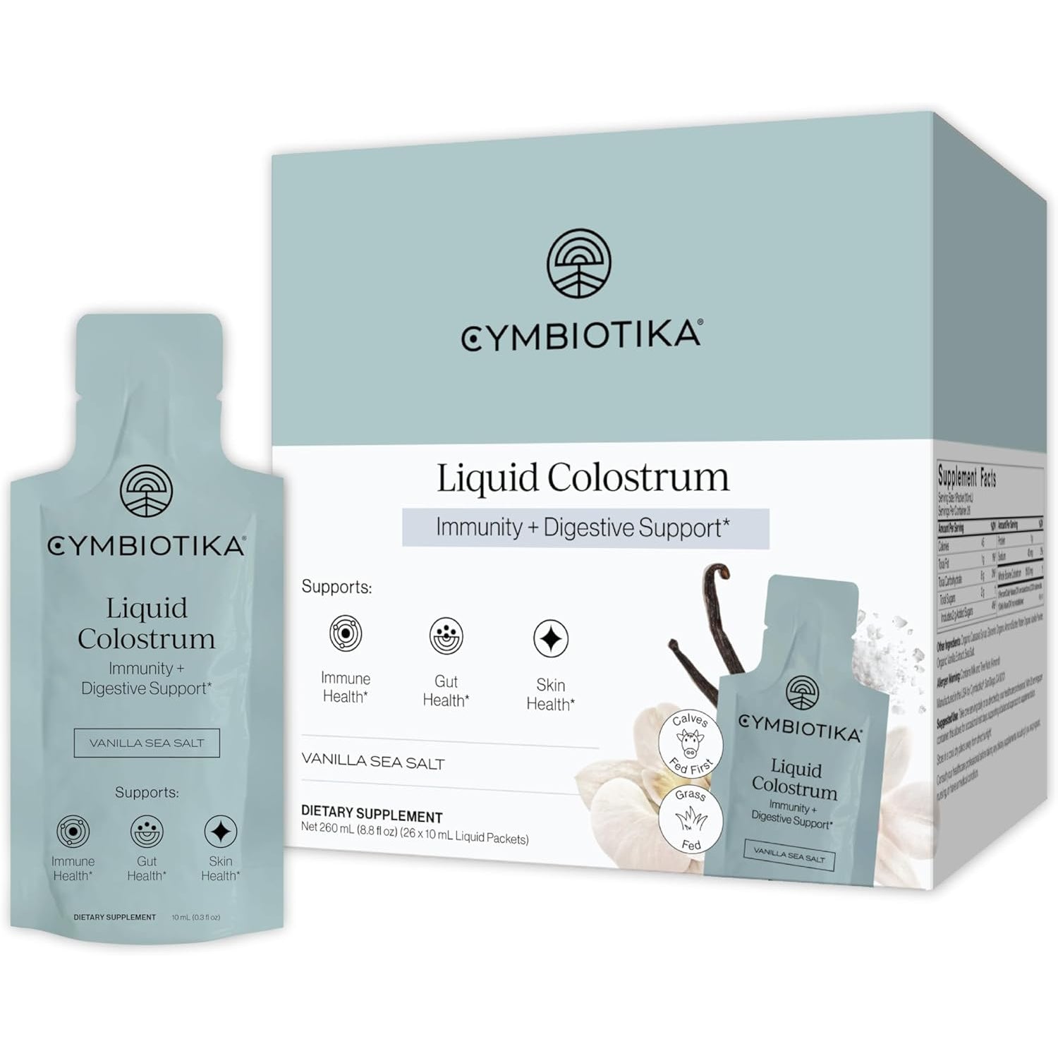 CYMBIOTIKA Liquid Colostrum, 1.5G Full Spectrum Colostrum, Grass-Fed Bovine Colostrum for Gut Health, Immune Support, Skin & Recovery, Sea Salt Vanilla Flavor, 26 Daily Packets (Single Pack)