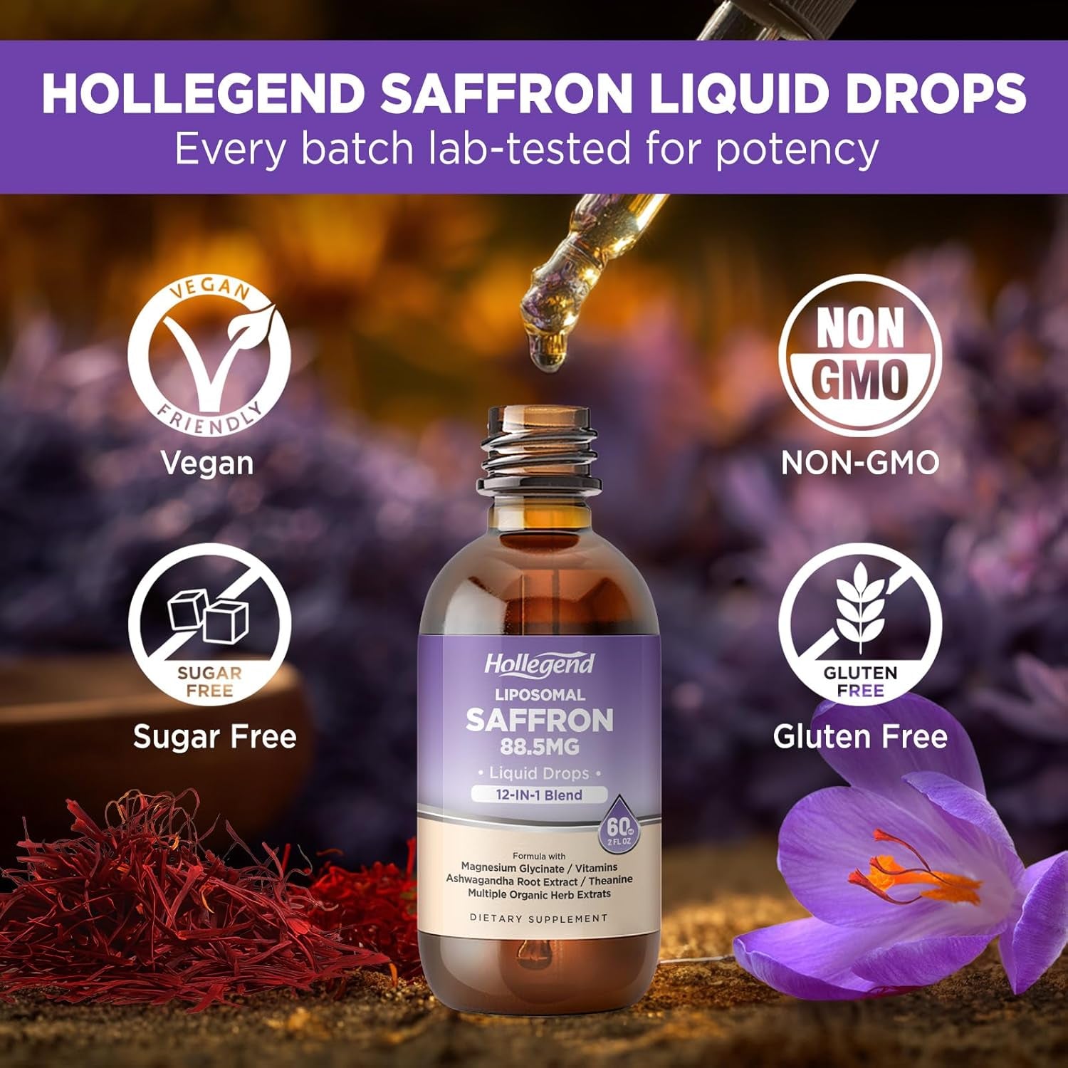 Liposomal Saffron Drops for Kids & Adults, Organic Saffron Supplement W/Magnesium, L-Theanine and Vitamins for Stress, Focus, Vision and Energy Support, Vegan, Natural Lemon Flavor, 2 FL OZ