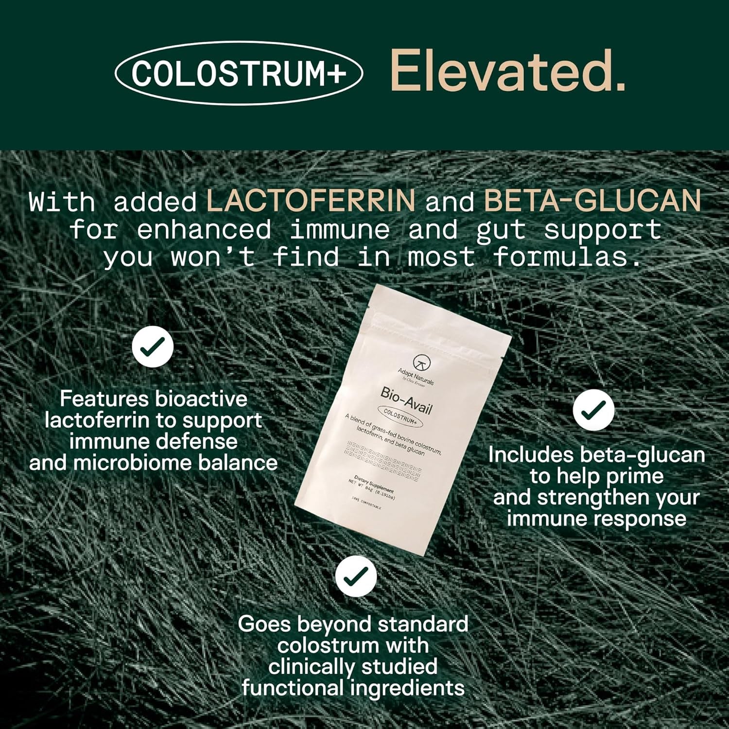 Adapt Naturals Colostrum Supplement with Lactoferrin & Beta-Glucan, Bio-Avail Grass Fed Bovine Colostrum Powder for Gut Health, Immune Support & Vitality | Non-Gmo, 2500Mg, Unflavored - 30 Days Supply