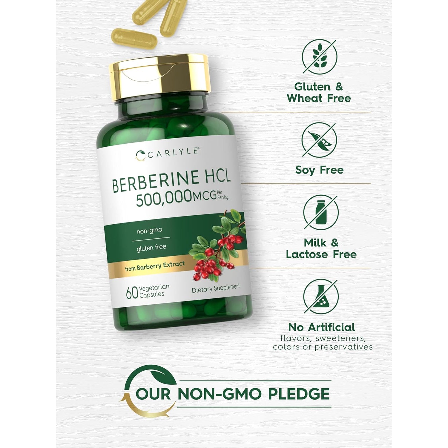 Carlyle Berberine HCL Supplement | 500,000Mcg | 60 Capsules | Vegetarian, Non-Gmo, Gluten Free
