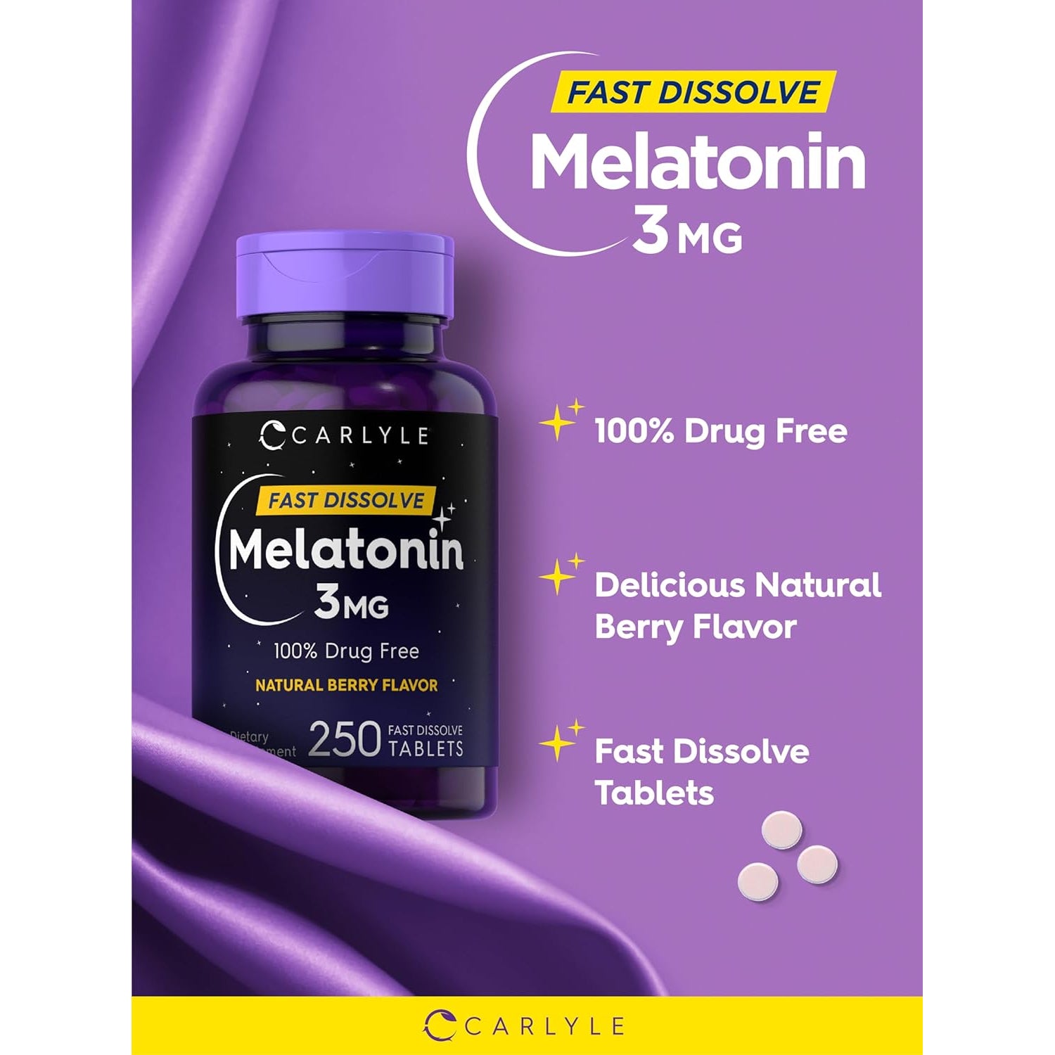 Carlyle Melatonin 3Mg Fast Dissolve Tablets | 250 Count | Low Dose and Drug Free | Vegan, Non-Gmo, Gluten Free
