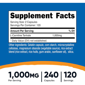 Nutricost L-Carnitine Tartrate 1,000Mg, 240 Capsules - 500Mg per Capsule, 120 Servings