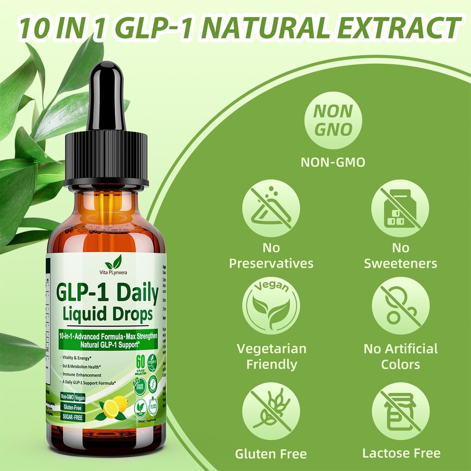 GLP-1 Support Liquid Drops, 10-In-1 Formula with Berberine, Ceylon Cinnamon, Prebiotic Fiber & Green Tea Extract | Support Healthy Metabolism, Digestive & Gut Health for Women & Men | Vegan, Non-Gmo