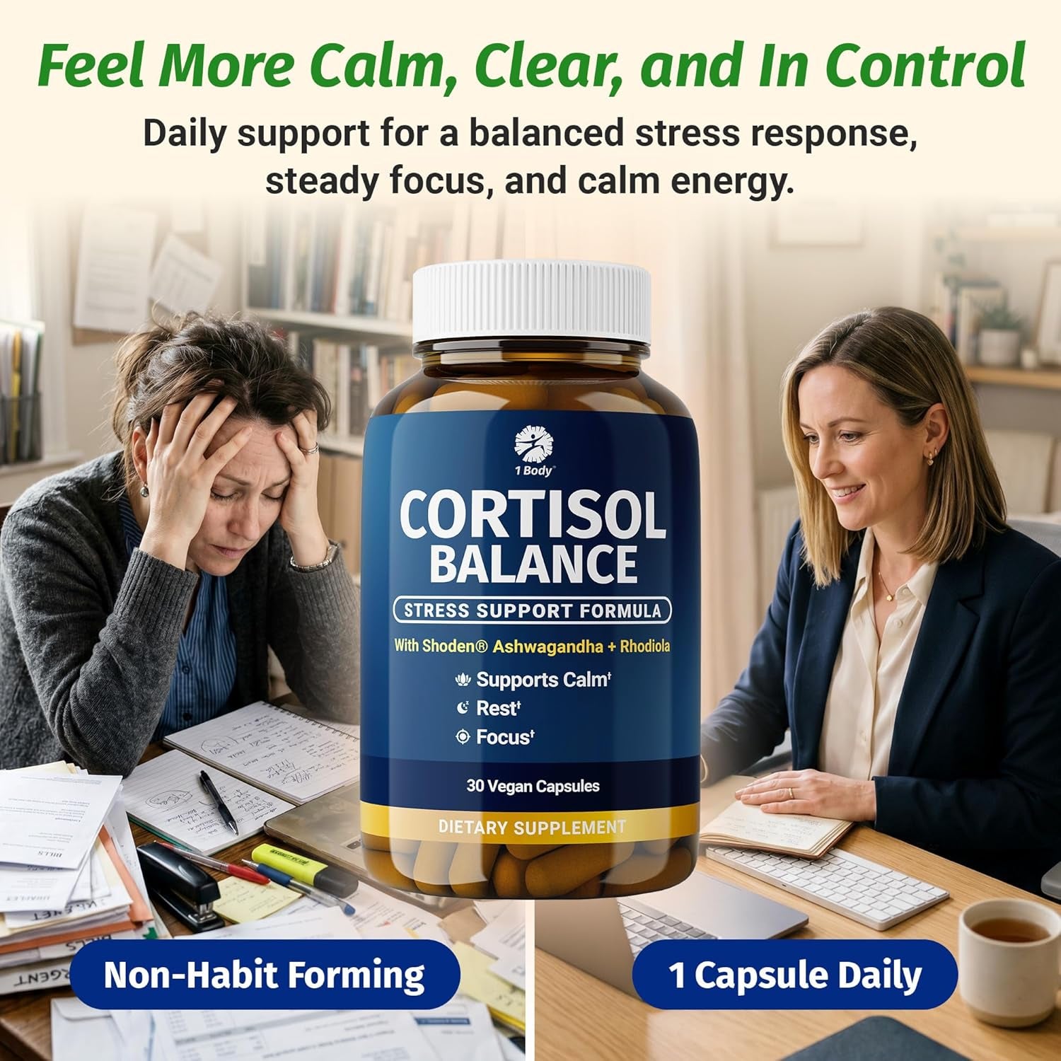 1 Body Cortisol Support for Women & Men – Ashwagandha, Phosphatidylserine & Saffron – Stress Relief, Calm Mood, Balanced Energy & Sleep Support – Vegan