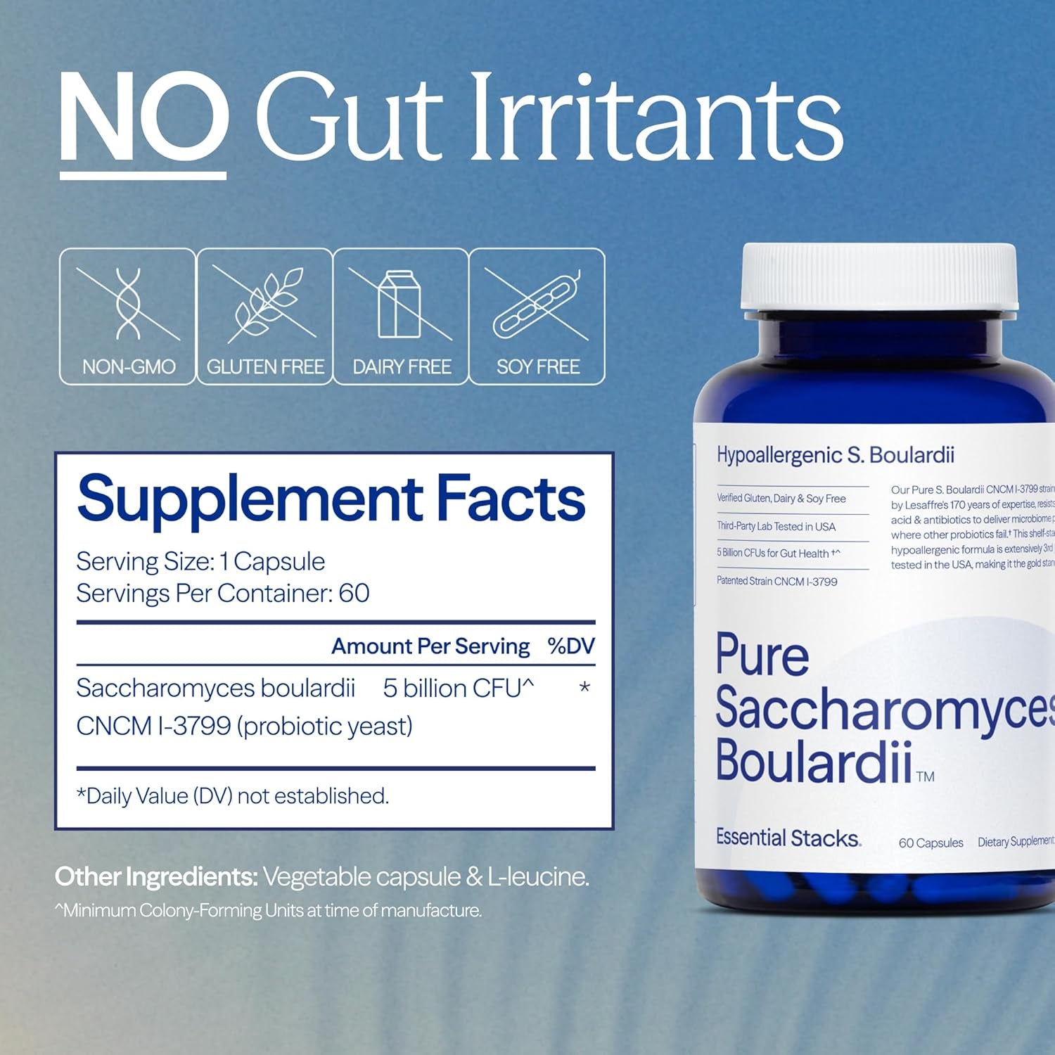 Essential Stacks Saccharomyces Boulardii Probiotics (Non-Gmo & Gluten Free) - 5 Billion Cfus for Gut Health (60 Capsules)