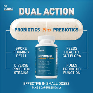 Dr. Tobias Deep Immune Probiotics & Prebiotics - Dual Action Digestion & Immune Support with Preforpro Prebiotics & Delayed Release Spore Forming Probiotics for Women & Men - 60 Capsules (30 Servings)