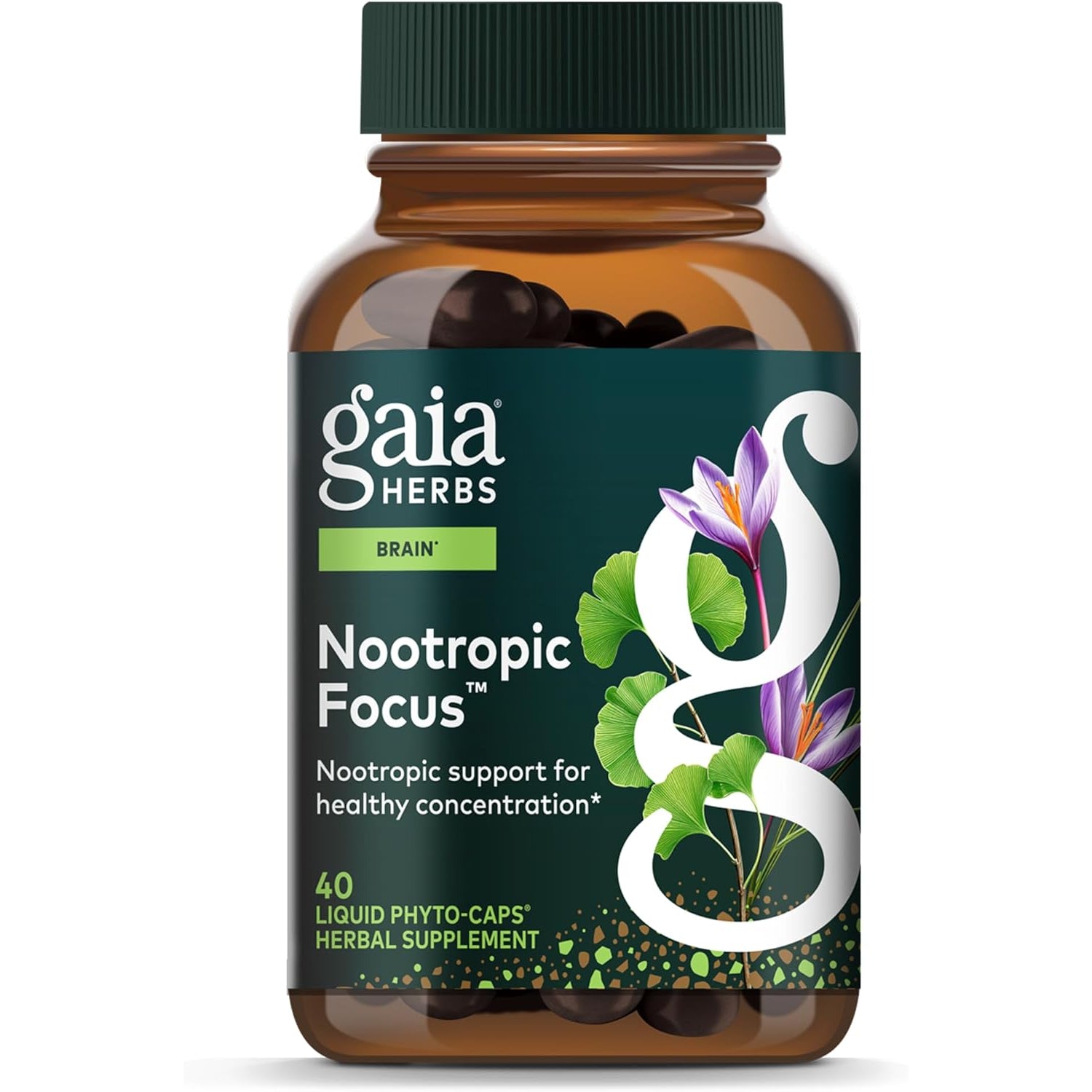 Gaia Herbs Nootropic Focus - Brain & Cognitive Support Supplement to Help Maintain Healthy Concentration* - with Saffron, Lemon Balm & Spearmint - 40 Liquid Phyto-Capsules (20 Servings)