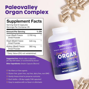 Paleovalley Grass Fed Beef Organ Complex - Freeze-Dried Beef Liver, Heart, and Kidney Blend, 1 Bottle