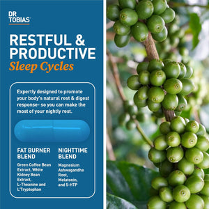 Dr. Tobias Fat Burner Nightly - Night Time Metabolic Support with White Kidney Bean Extract, Ashwagandha Root, Green Coffee Bean Extract & Melatonin | Non-Gmo (60 Capsules 30 Day Supply)