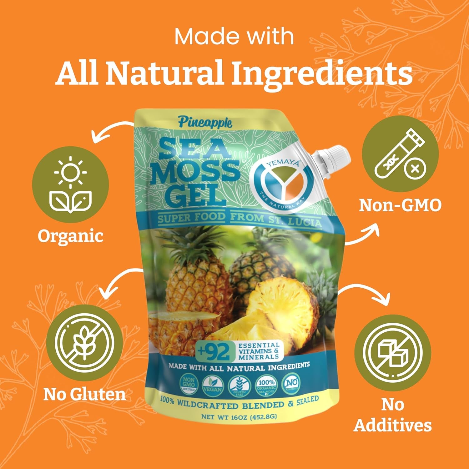 Yemayá Sea Moss Gel with Pineapple Flavor | Wildcrafted Sea Moss from St. Lucia | Vegan, Non-Gmo, Gluten Free | 16 Oz