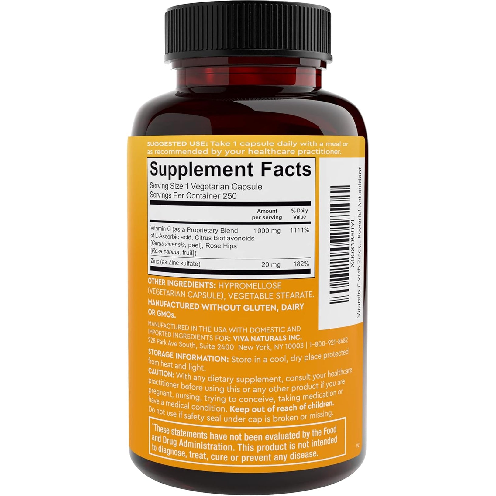 Viva Naturals 1000 Mg Vitamin C and Zinc 20 Mg Supplement - Proprietary Blend of Ascorbic Acid Vitamin C with Rose Hips and Bioflavonoids for Immune Support -250 Veggie Capsules with 8 Months Supply