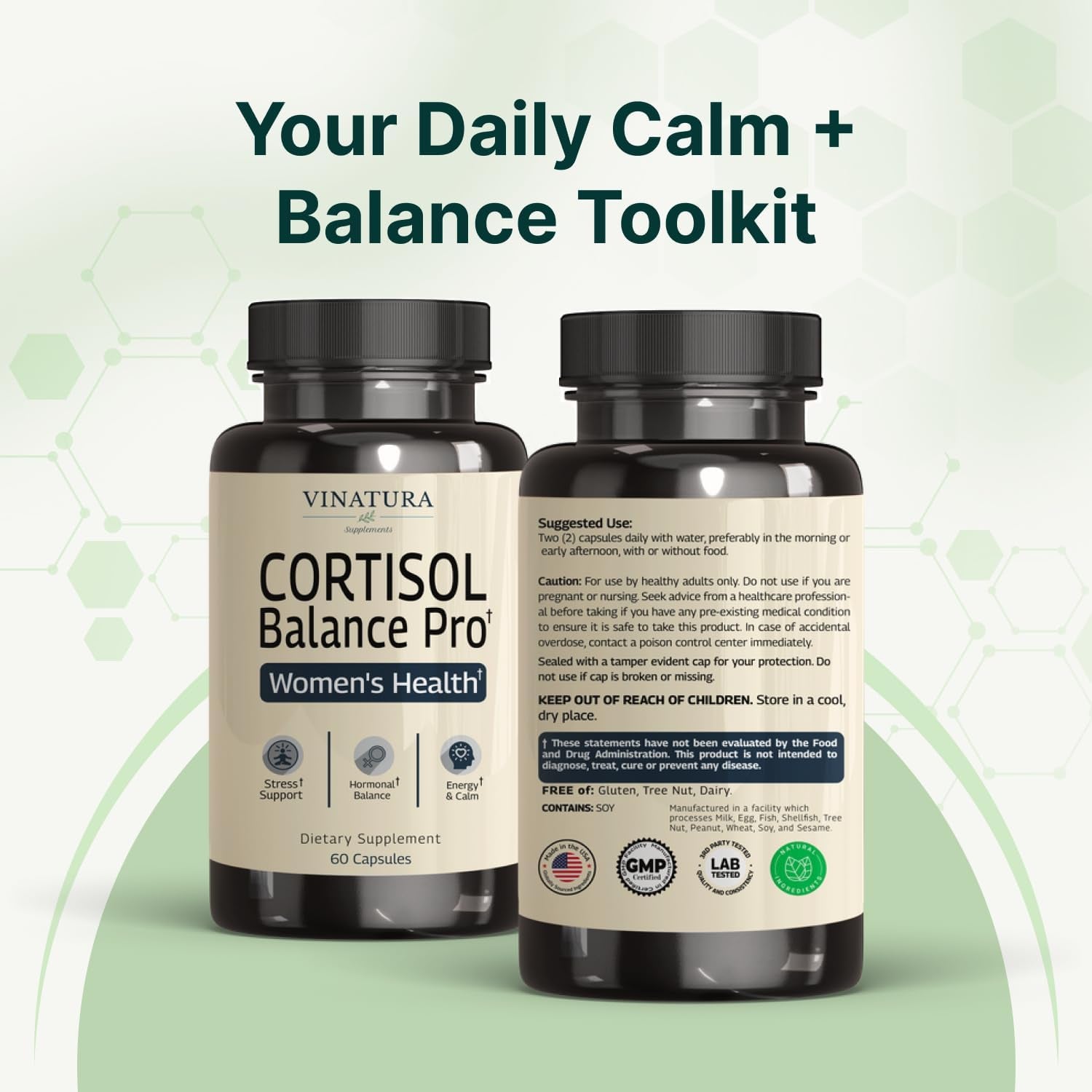 VINATURA Cortisol Supplements for Women - Cortisol Detox and Management - Adrenal Support, Stress Support, 60 Vegan Capsules