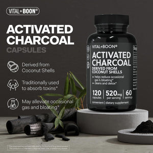 Vital+Boon Activated Charcoal Pills – Derived from Coconut Shells – Black Charcoal Binder for Stomach, Gas & Bloating Relief – Gluten Free Vegetarian Active Carbon to Support Detox (120 Capsules)