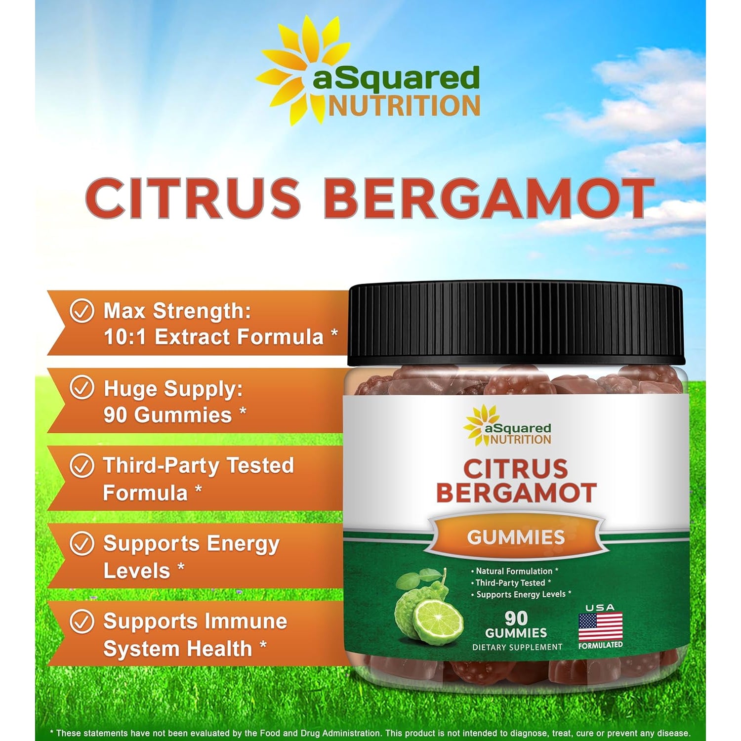Asquared Nutrition Citrus Bergamot Gummies - Citrus Bergamot Extract Supplement 500Mg per Serving - Pure Gummy Alternative to Capsules & Pills