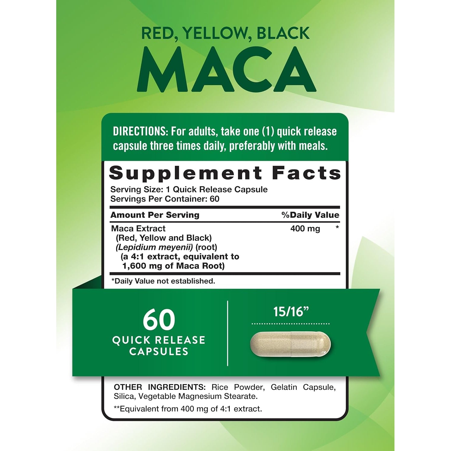 Nature'S Truth Maca Root | 60 Quick Release Capsules | Red, Yellow, and Black | Performance Formula | Non-Gmo & Gluten Free Supplement