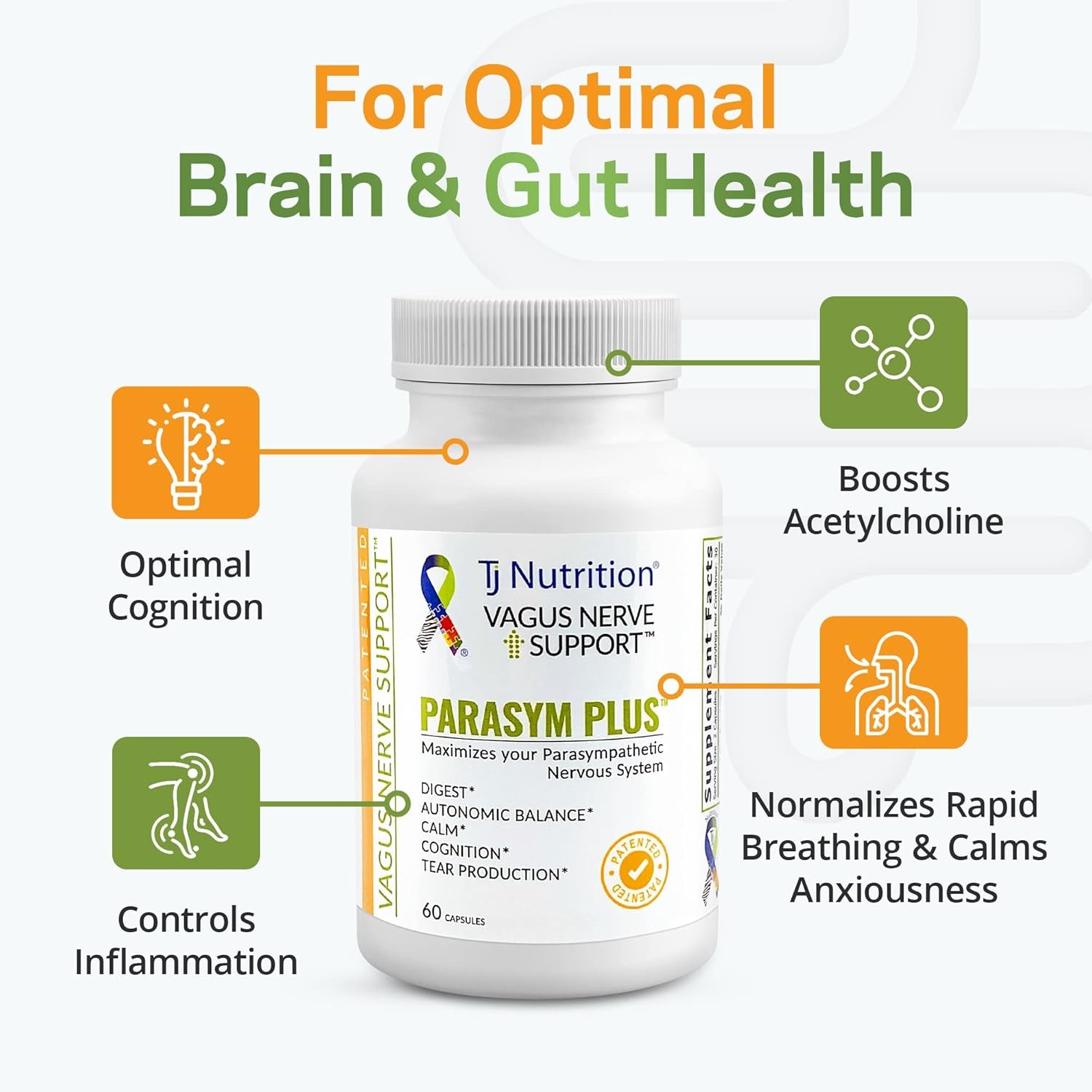 Parasym plus Vagus Nerve Support, Patented Digestive Nutritional Supplements, Energy Booster for Men and Women, Memory Supplement for Brain, Gentle Immune System Support, 60 Capsules