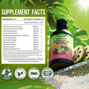 Soursop Bitters Liquid – Herbal Detox Formula with Soursop, Ginger, Turmeric & Black Seed Mixed Berry Flavor – Supports Digestive Balance & Immune Wellness – 16 Fl Oz