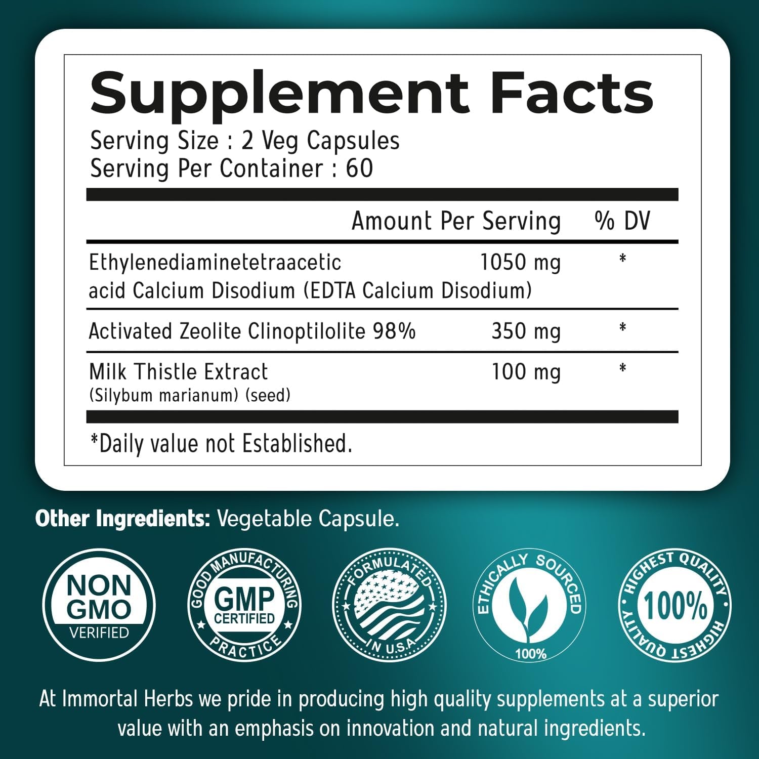 EDTA Capsules 1500Mg with Zeolite 98% and Milk Thistle, 120 Pills, Non-Gmo & Gluten Free Calcium Disodium EDTA Supplement