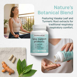 Evernaturecure Lung Support Probiotics, Ever Nature Cure Respiratory & Immune Support Supplement, with Vasaka Leaf & Turmeric Root Extract, 60 Capsules