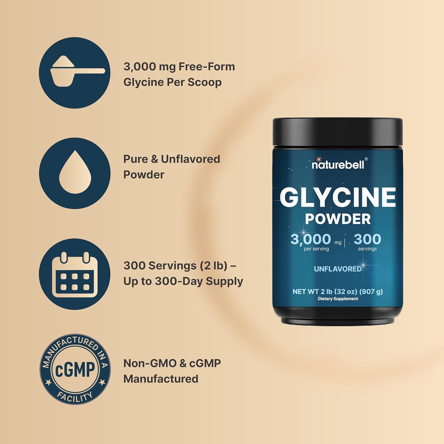 Glycine Powder, 300 Servings (2 Lb) – 3,000 Mg Free-Form Glycine per Serving – Unflavored Pure Powder – Non-Gmo, Cgmp Manufactured