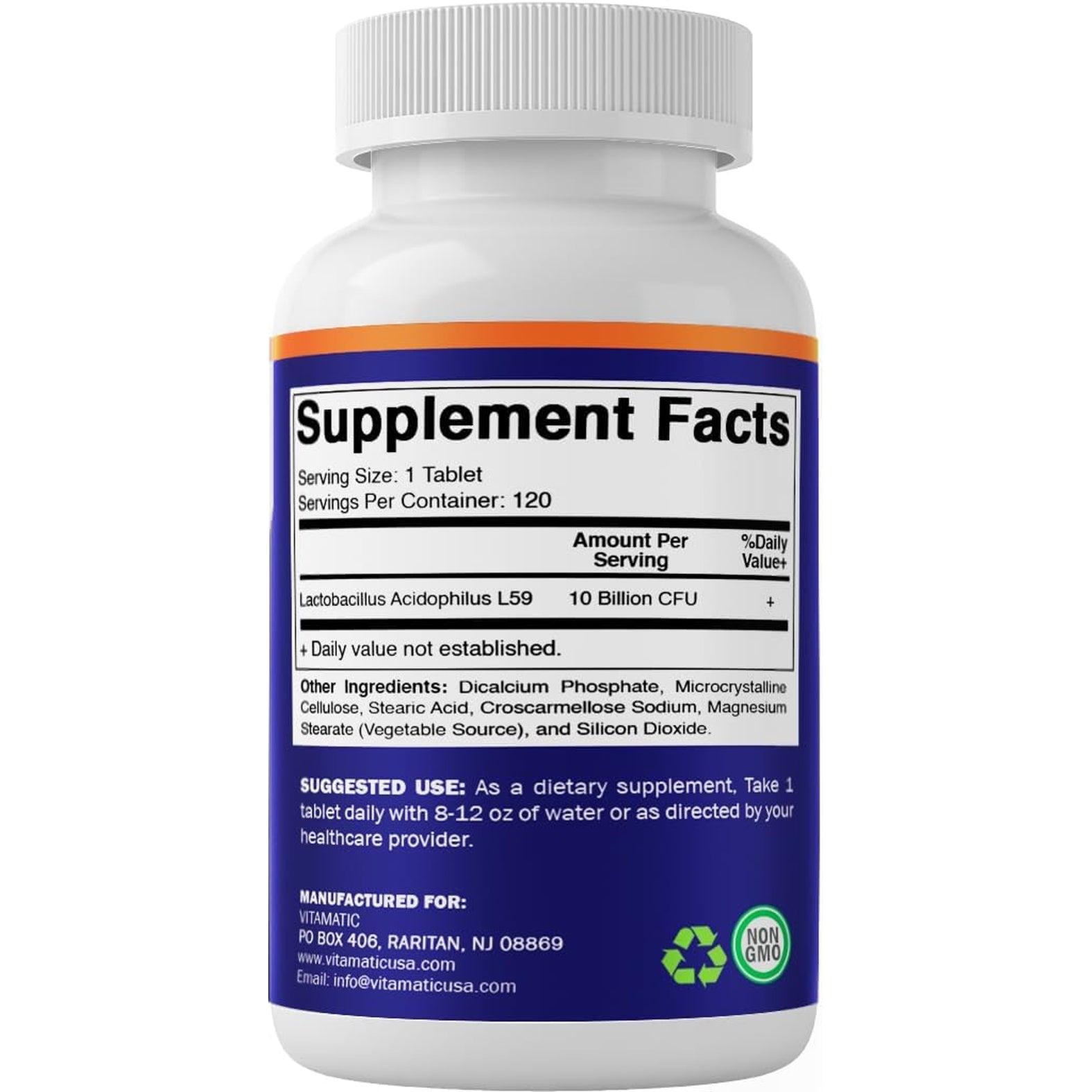 Vitamatic Acidophilus Probiotic - 10 Billion CFU - 5X Potency - Daily Probiotic Supplement, Supports Digestive Health - 120 Tablets