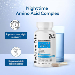 Youth & Tonic PM Bedtime Trim for Lean Appearance & Muscle Definition Support – Nighttime Amino Acids Supplement for Overnight Recovery, Men & Women, 30 Capsules