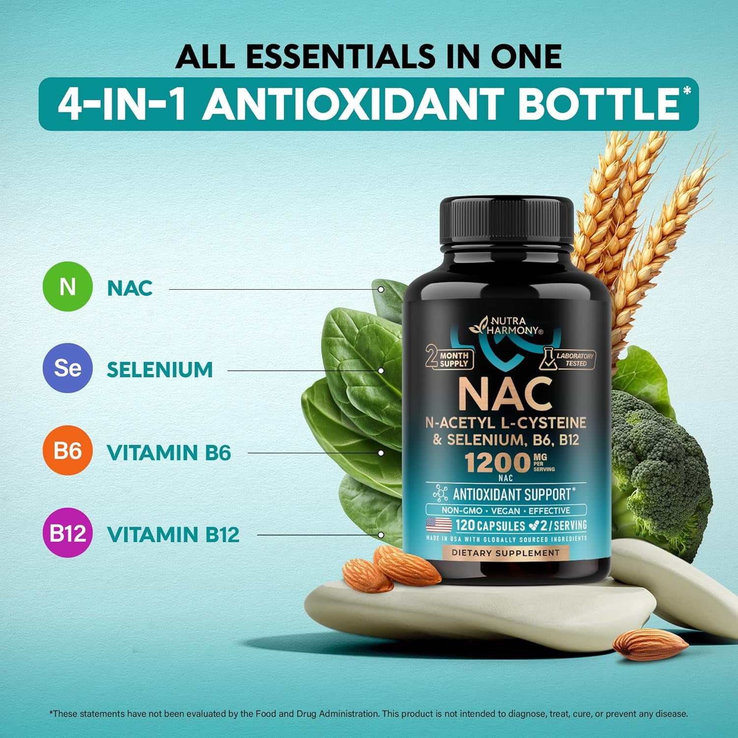 NAC Supplement | Selenium | B6 | B12 - Antioxidant, Immune Support - N Acetyl Cysteine 600 Mg per Capsule, 1200 Mg per Serving - Lab Tested - Non-Gmo, Gluten-Free, Vegan - 120 Caps, 2 Month Supply