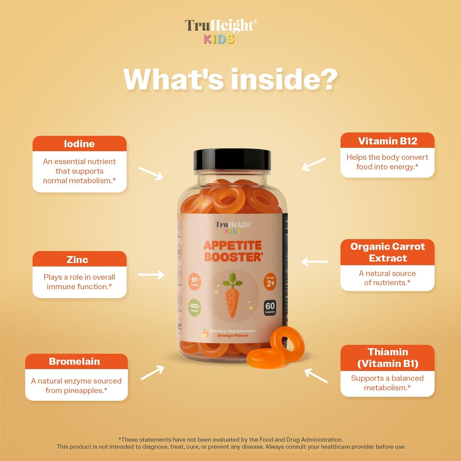 Truheight Kids Appetite Booster Gummies (Orange, Ages 2+) All Natural Toddler & Kids Appetite Stimulant to Eat More - Weight Gain Supplements - Vitamins for Underweight Children - Picky Eater Vitamin