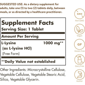 Solgar L-Lysine 1000 Mg, 250 Tablets - Enhanced Absorption and Assimilation - Promotes Integrity of Skin and Lips - Collagen Support - Amino Acids - Non-Gmo, Vegan, Gluten Free - 250 Servings